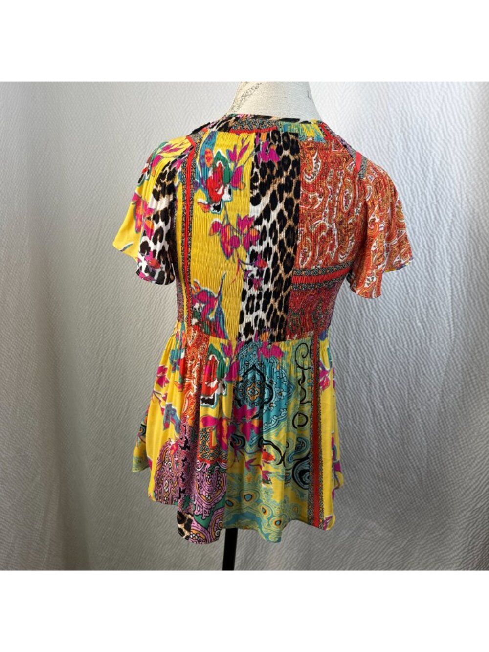 Melissa Paige Bohemian Multicolor Patchwork Tunic Top With Beaded V-Neck - Picture 6 of 8